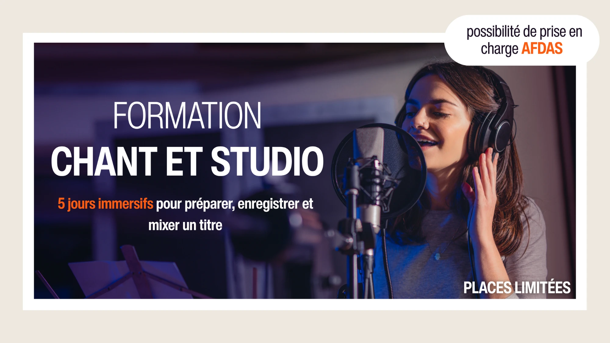 Vocal and studio training: 5 immersive days to prepare, record and mix a song. AFDAS funding possible, limited places.